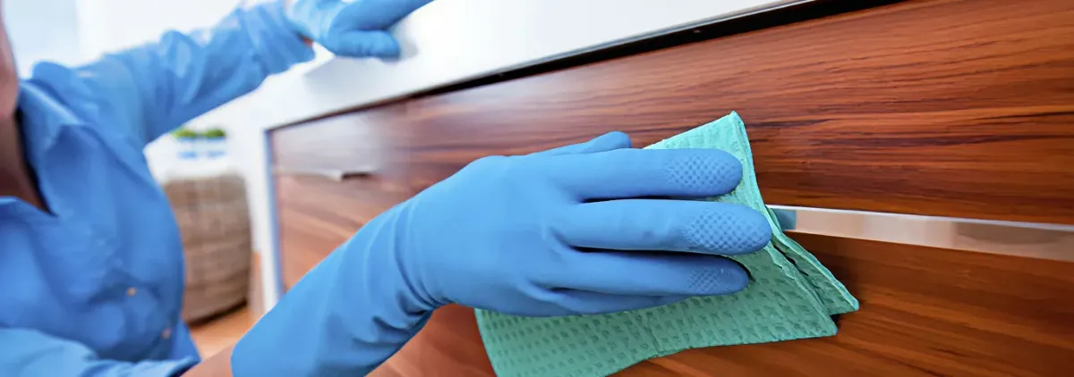 Cleaner wearing blue gloves wiping a wooden cabinet drawer with a microfiber cloth for dust and grime removal, Glendale, AZ.